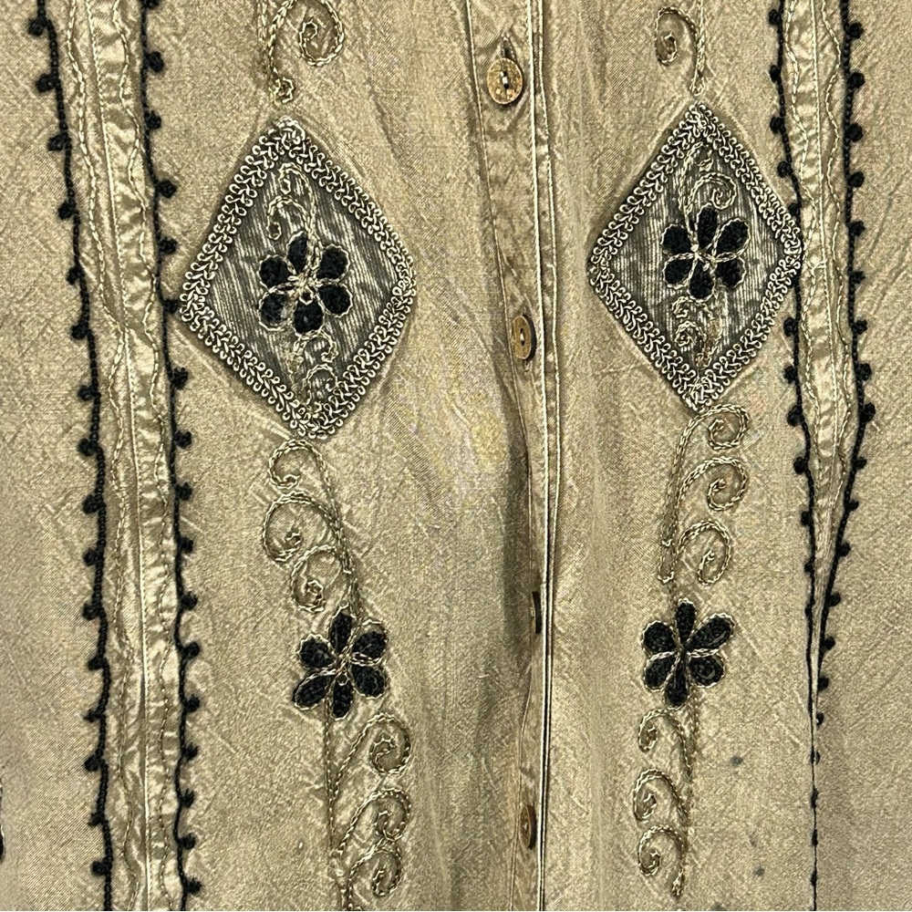 Magic Maxi Dress Button Front Embroidered Tan Green Flutter Sleeve One Size - Picture 7 of 11